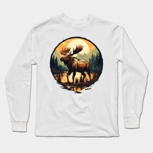 Vintage Alaska Moose Illustration Nature Art Long Sleeve T-Shirt